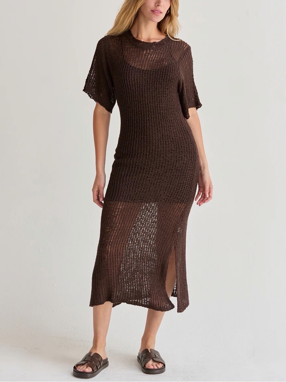Brown Sheer Knit Midi Dress